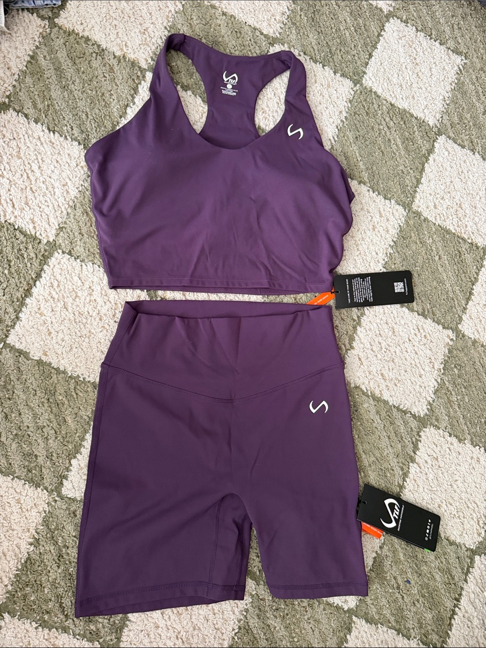TLF Purple Racerback Sports Bra Top & High-Waist Bike Shorts Set NWT